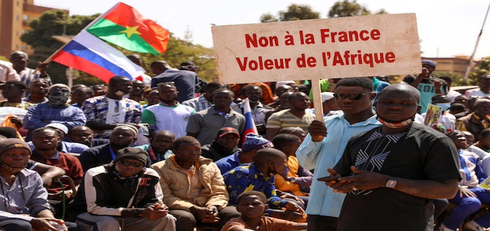 FILE PHOTO: People gather to show their support to Burkina Faso's new military leader Ibrahim Traore and demand the departure of the French ambassador in Ouagadougou